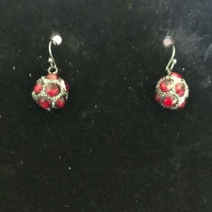 Red stone and silver ball dangle earrings
